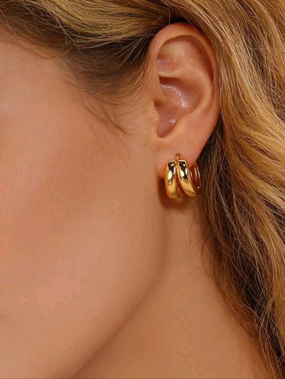NEW! 18K Gold Plated Small Chunky Double Huggie Hoop Earrings - Women Jewelry